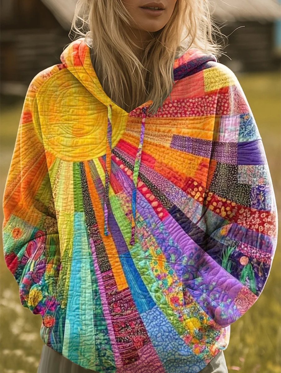 Luisa | Pull pour femmes Sweat à capuche en patchwork coloré Boho motif soleil