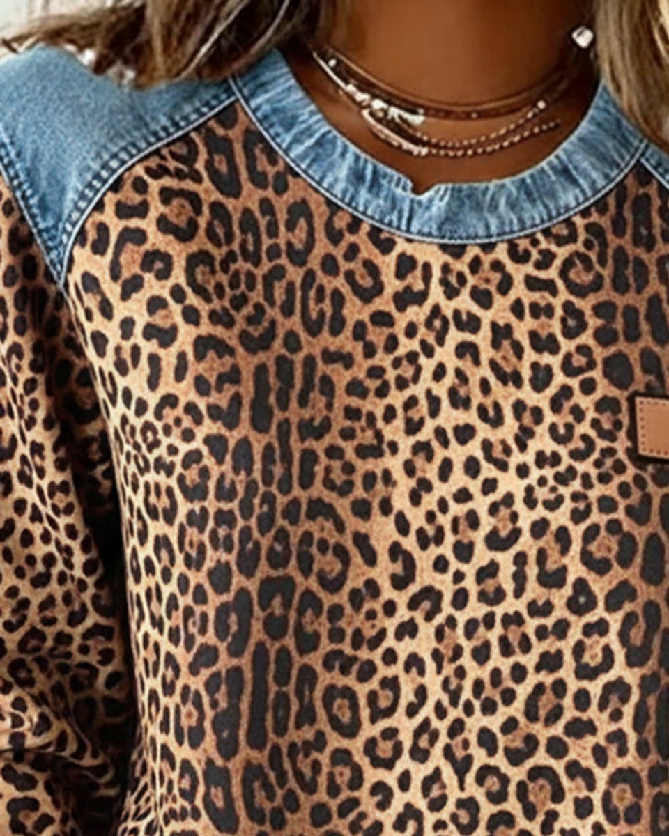 Charlotte | Pull Femme Imprimé Léopard Détails Patchwork Denim Manches Longues Col Rond Sweatshirt