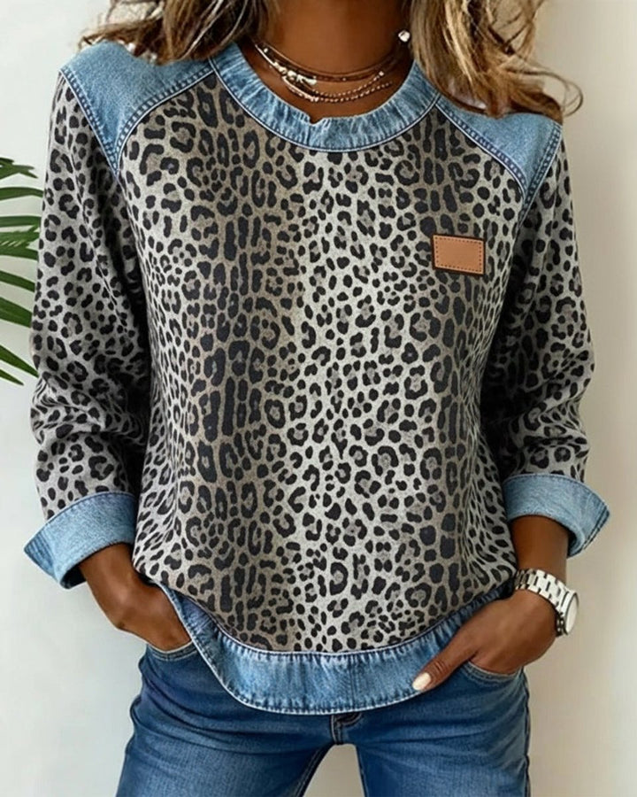 Charlotte | Pull Femme Imprimé Léopard Détails Patchwork Denim Manches Longues Col Rond Sweatshirt