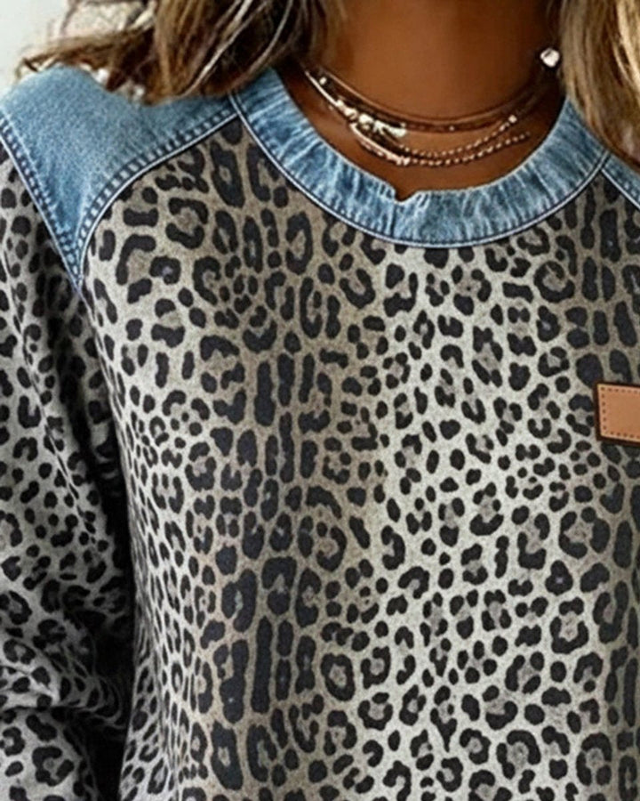 Charlotte | Pull Femme Imprimé Léopard Détails Patchwork Denim Manches Longues Col Rond Sweatshirt