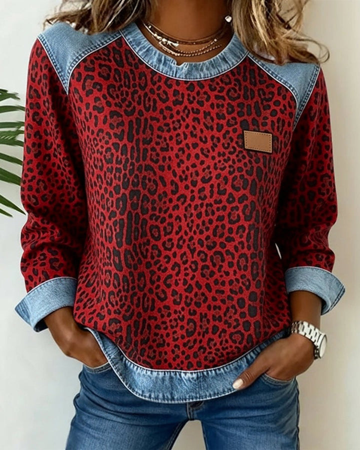Charlotte | Pull Femme Imprimé Léopard Détails Patchwork Denim Manches Longues Col Rond Sweatshirt
