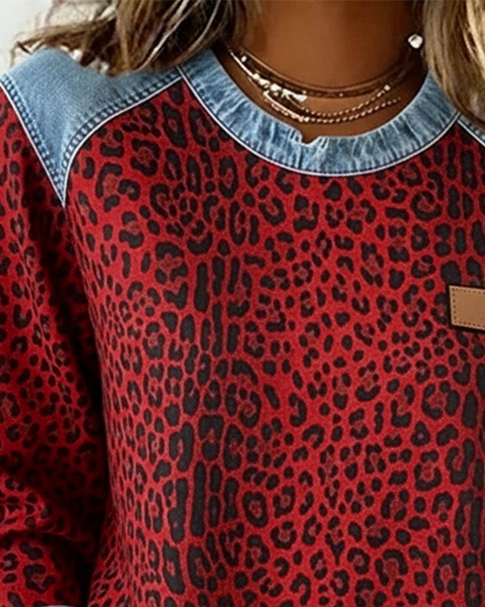 Charlotte | Pull Femme Imprimé Léopard Détails Patchwork Denim Manches Longues Col Rond Sweatshirt