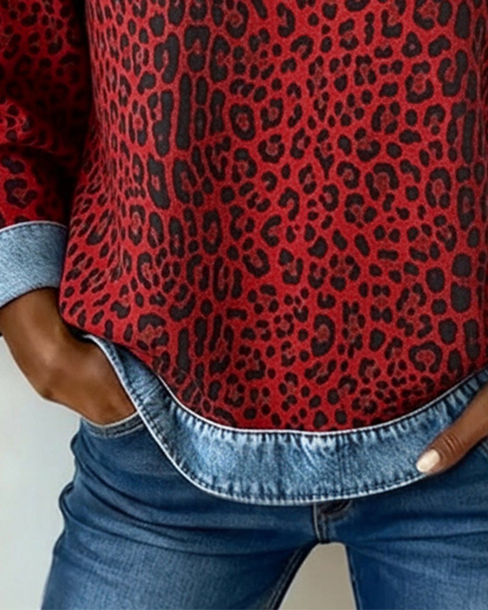 Charlotte | Pull Femme Imprimé Léopard Détails Patchwork Denim Manches Longues Col Rond Sweatshirt