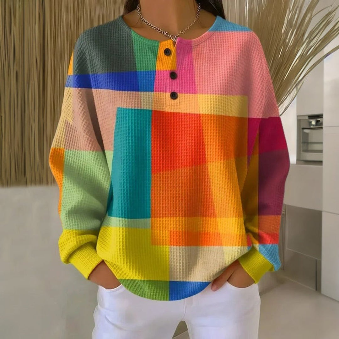Lena | Sweat-shirt Femme Pull en Waffle Multicolore Col Rond avec Boutons