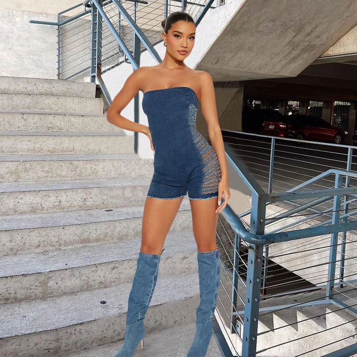 Salopette en denim sans bretelles pour femmes avec découpes latérales à franges et fermeture éclair