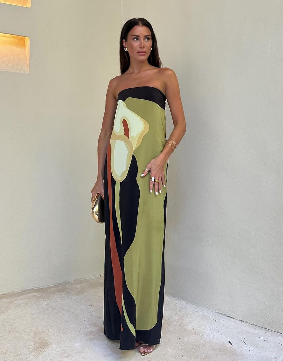 Robe Maxi Sans Bretelles pour Femmes avec Motif Abstrait et Décolleté Droit