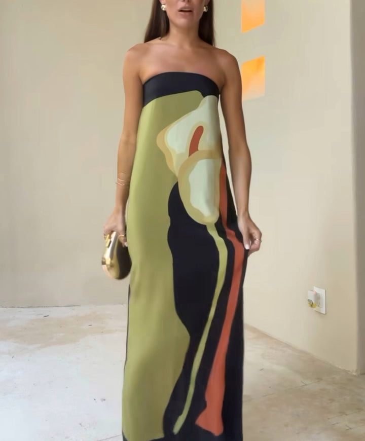 Robe Maxi Sans Bretelles pour Femmes avec Motif Abstrait et Décolleté Droit