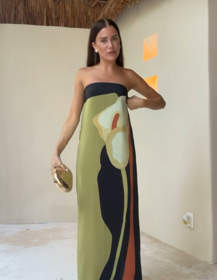 Robe Maxi Sans Bretelles pour Femmes avec Motif Abstrait et Décolleté Droit