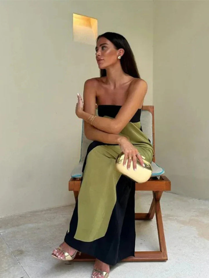Robe Maxi Sans Bretelles pour Femmes avec Motif Abstrait et Décolleté Droit