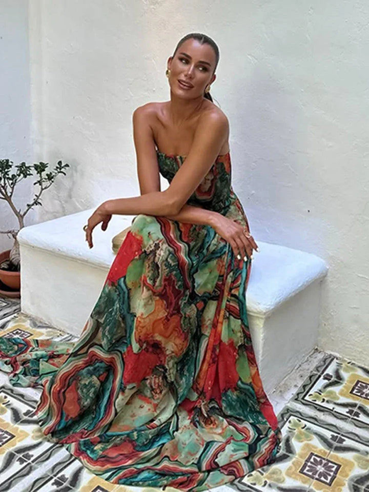 Robe maxi sans bretelles pour femmes avec jupe froncée et motif