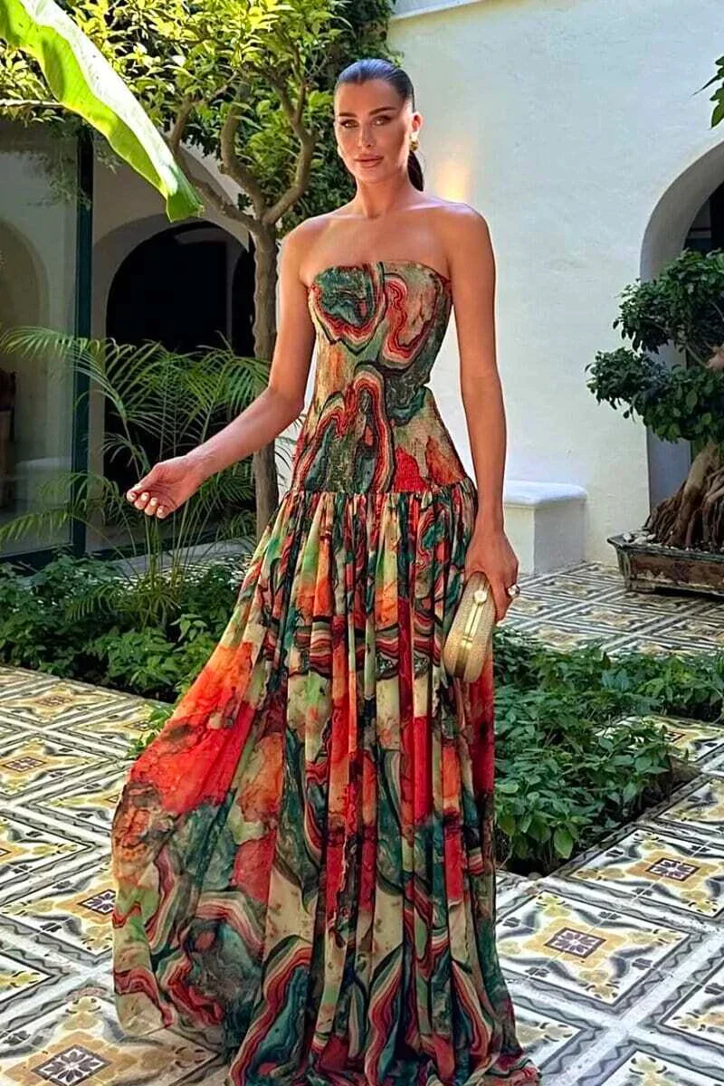 Robe maxi sans bretelles pour femmes avec jupe froncée et motif