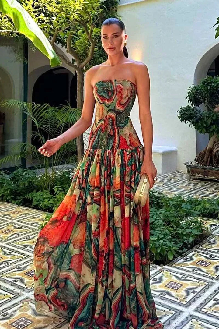 Robe maxi sans bretelles pour femmes avec jupe froncée et motif