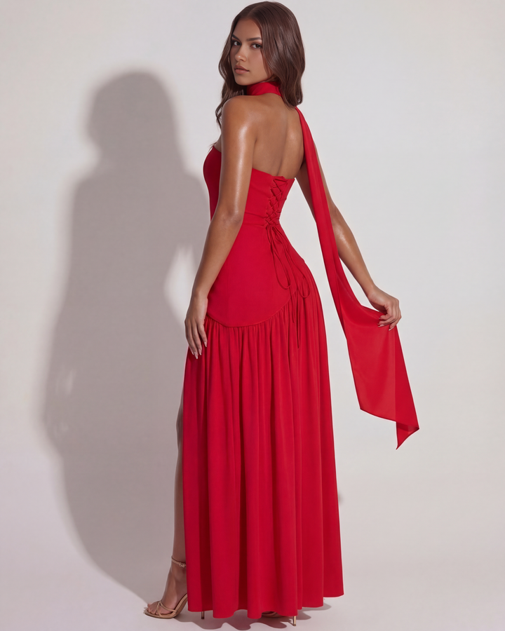 Robe Maxi Sans Bretelles pour Femmes avec Écharpe au Cou, Décolleté en Cœur, Laçage au Dos et Fente Latérale