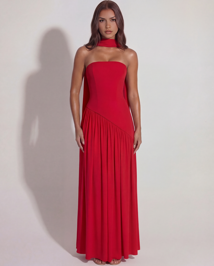 Robe Maxi Sans Bretelles pour Femmes avec Écharpe au Cou, Décolleté en Cœur, Laçage au Dos et Fente Latérale