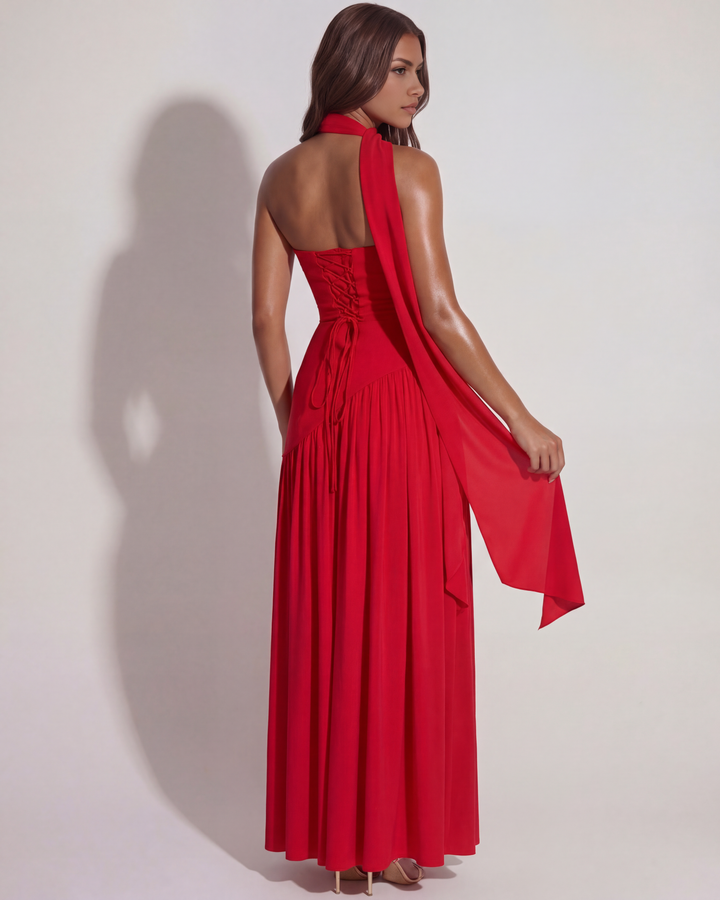 Robe Maxi Sans Bretelles pour Femmes avec Écharpe au Cou, Décolleté en Cœur, Laçage au Dos et Fente Latérale
