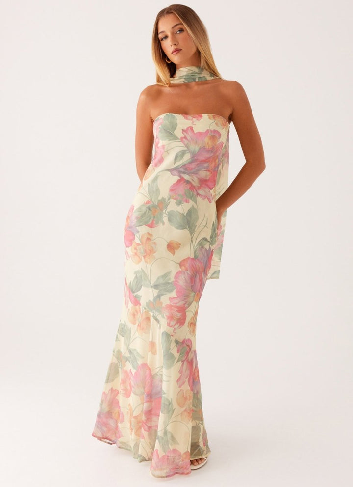 Robe maxi sans bretelles pour femmes avec foulard et grand motif floral