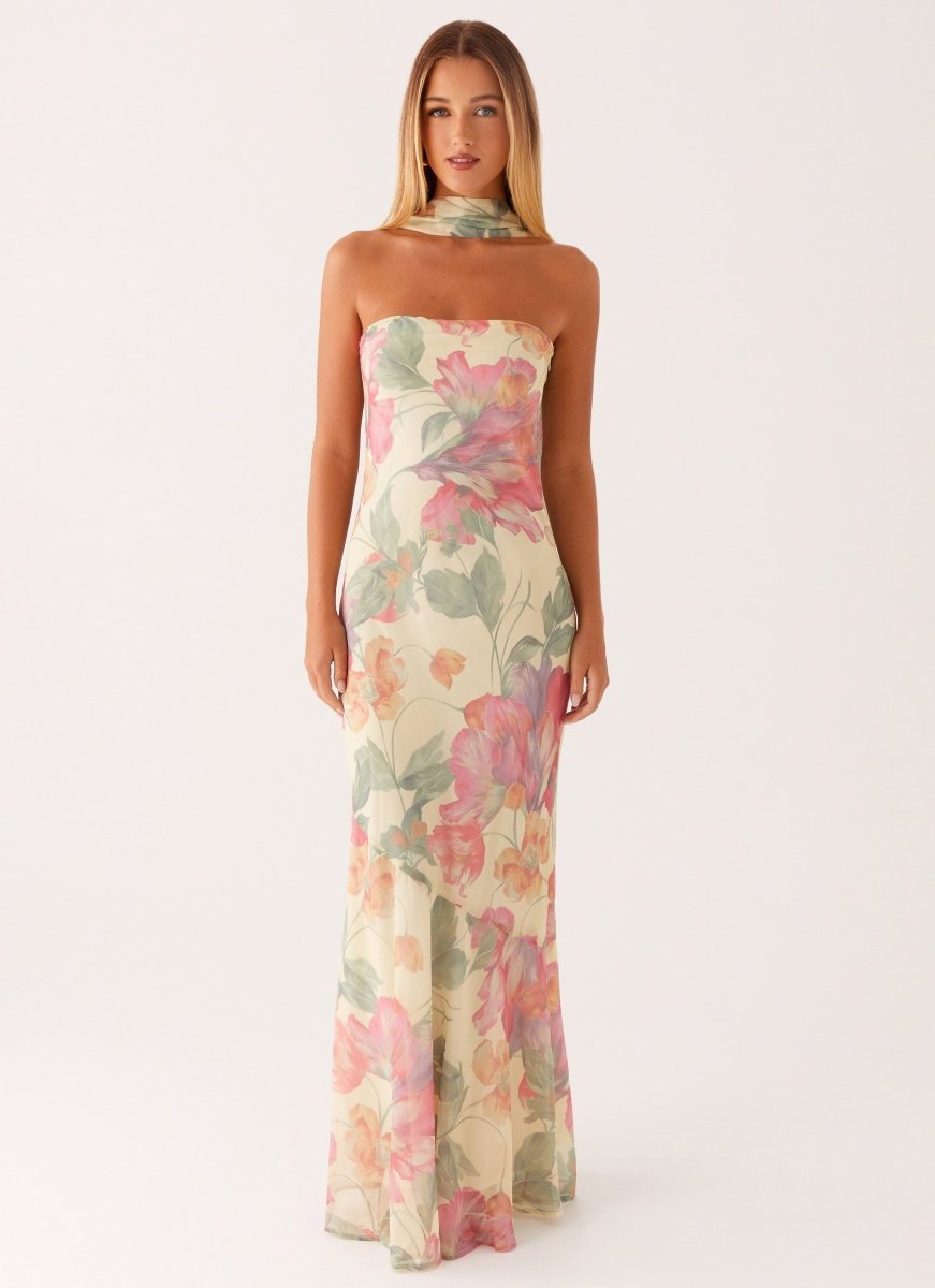 Robe maxi sans bretelles pour femmes avec foulard et grand motif floral
