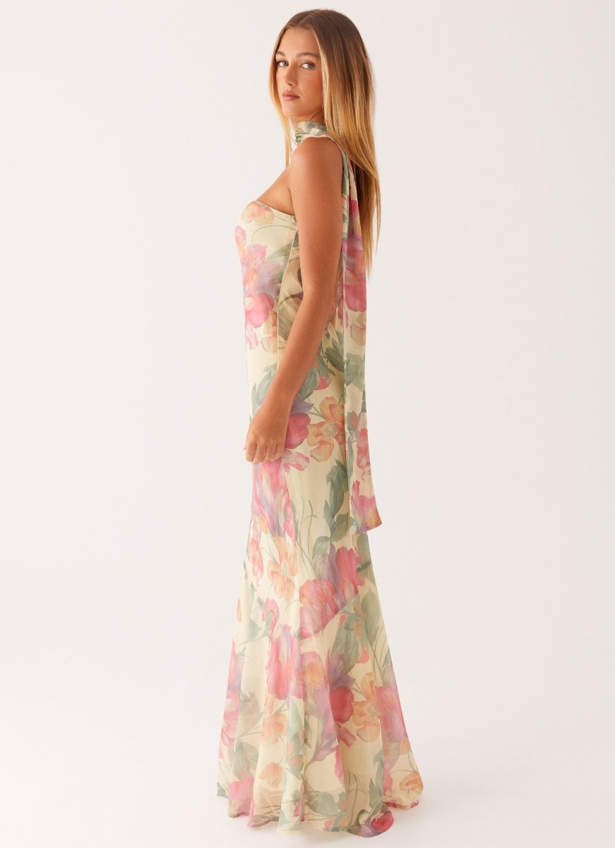 Robe maxi sans bretelles pour femmes avec foulard et grand motif floral