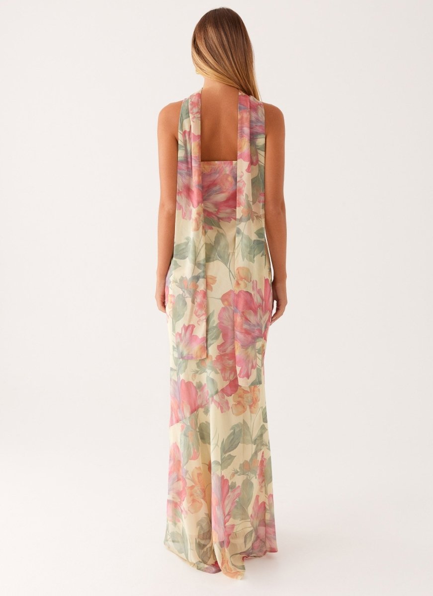 Robe maxi sans bretelles pour femmes avec foulard et grand motif floral