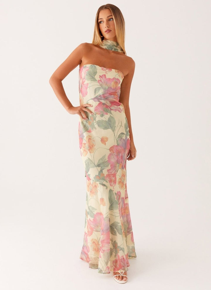 Robe maxi sans bretelles pour femmes avec foulard et grand motif floral