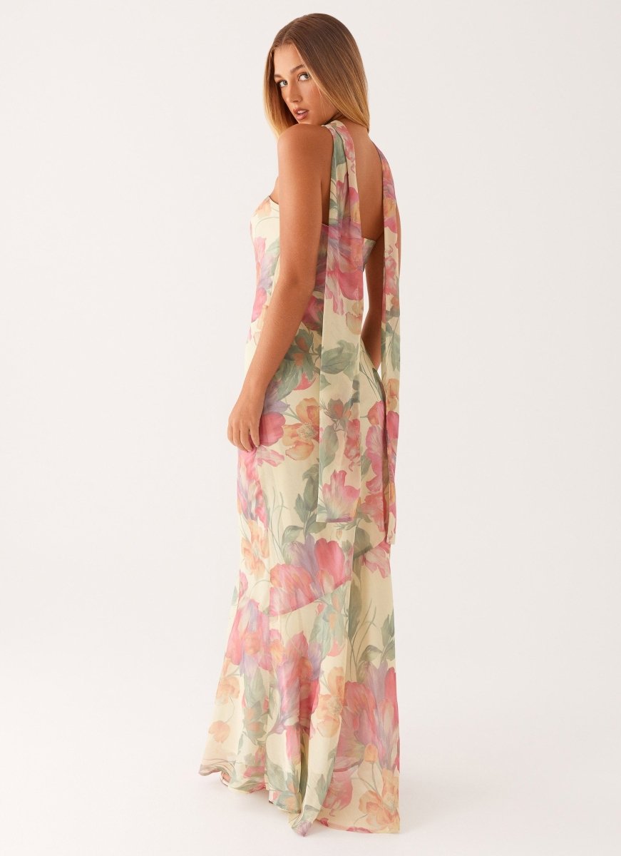 Robe maxi sans bretelles pour femmes avec foulard et grand motif floral