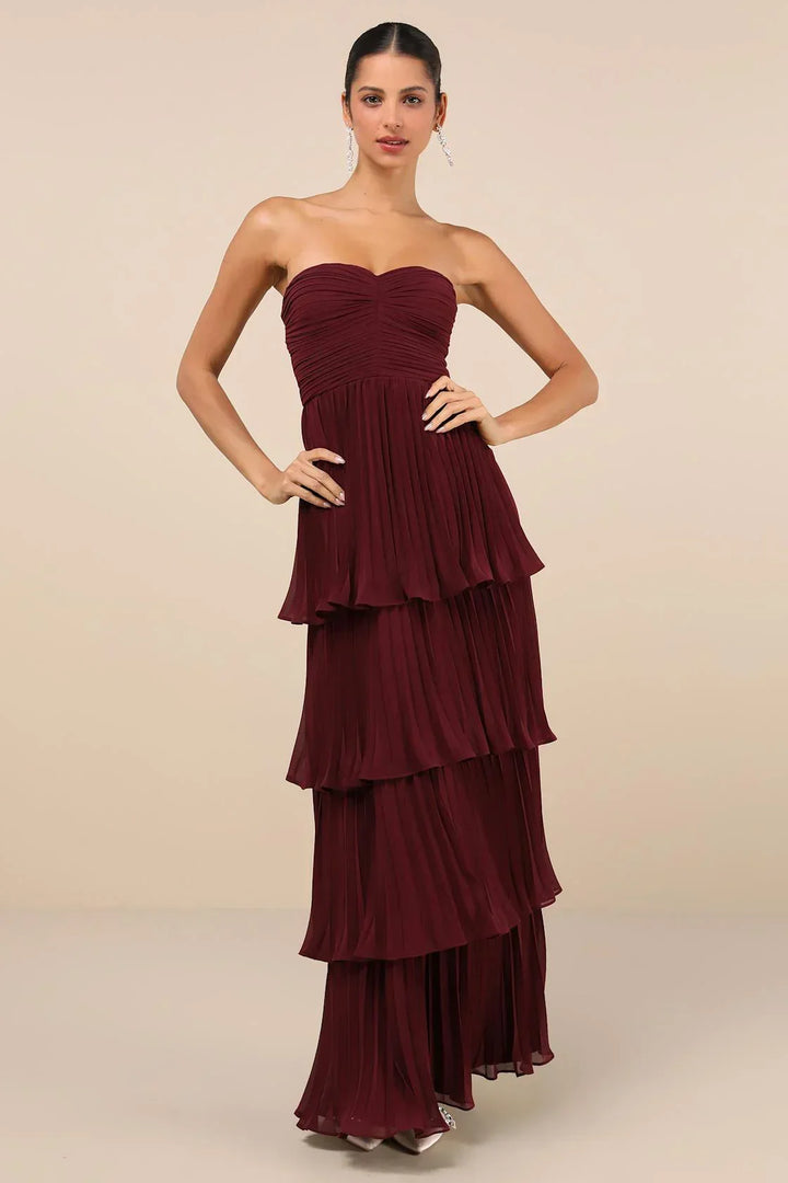 Robe maxi sans bretelles pour femmes avec décolleté en cœur, haut froncé et jupe à volants