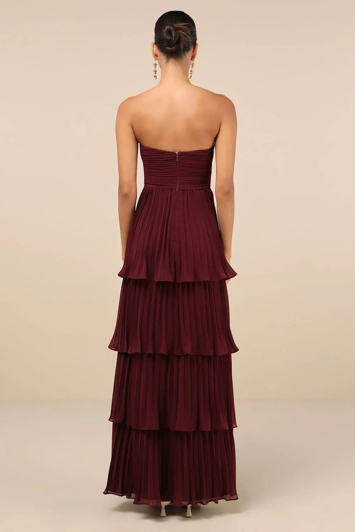 Robe maxi sans bretelles pour femmes avec décolleté en cœur, haut froncé et jupe à volants