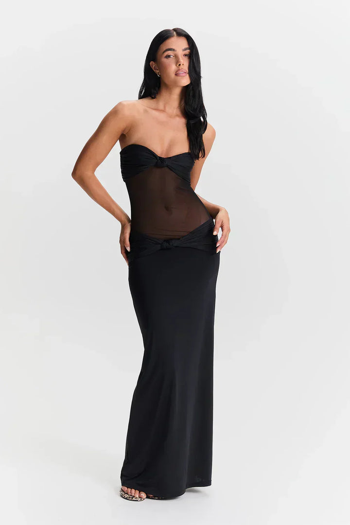 Robe maxi sans bretelles pour femmes avec décorations en nœud et empiècement en mesh transparent