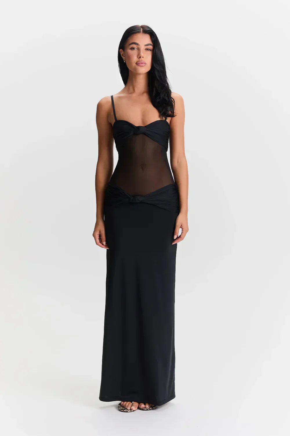 Robe maxi sans bretelles pour femmes avec décorations en nœud et empiècement en mesh transparent