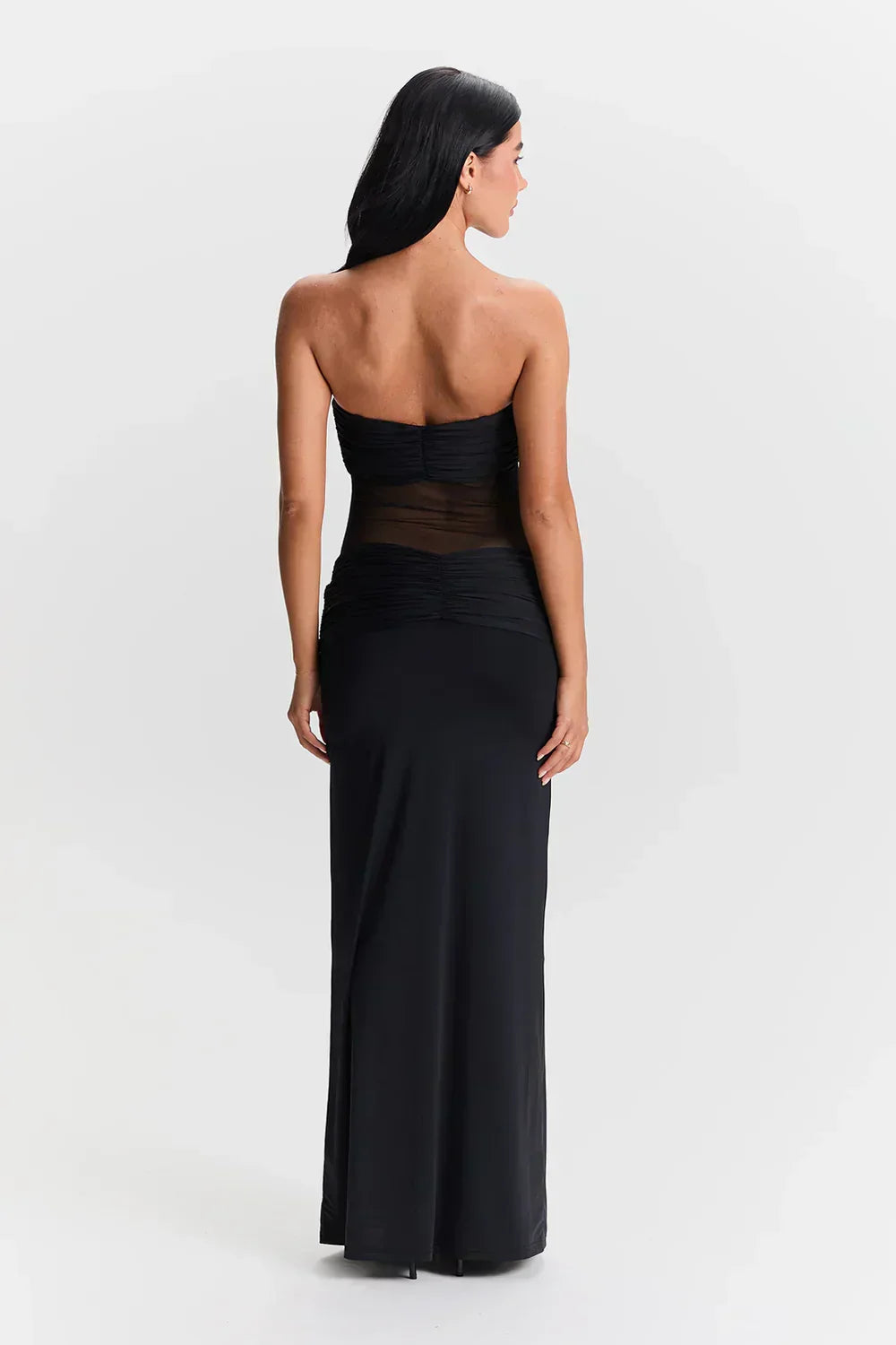 Robe maxi sans bretelles pour femmes avec décorations en nœud et empiècement en mesh transparent