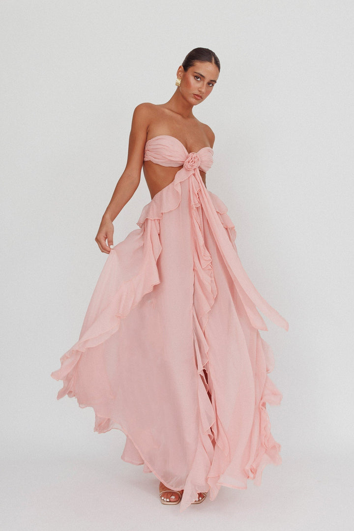 Robe maxi sans bretelles pour femmes avec décolleté taille, jupe à volants et application en rosette