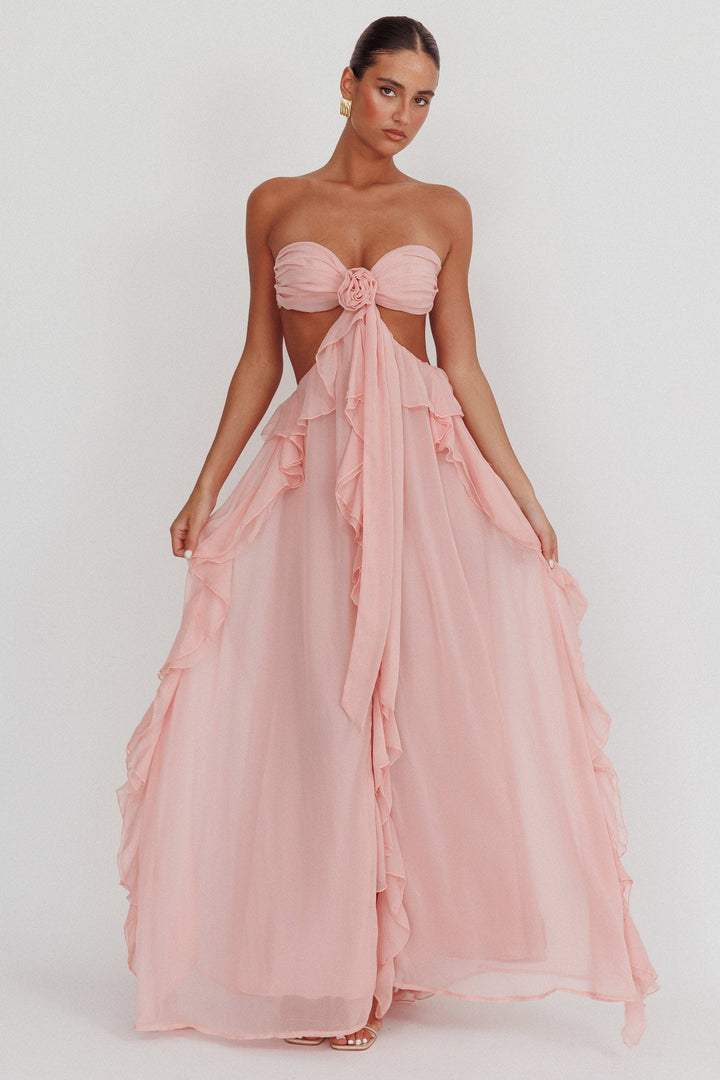 Robe maxi sans bretelles pour femmes avec décolleté taille, jupe à volants et application en rosette