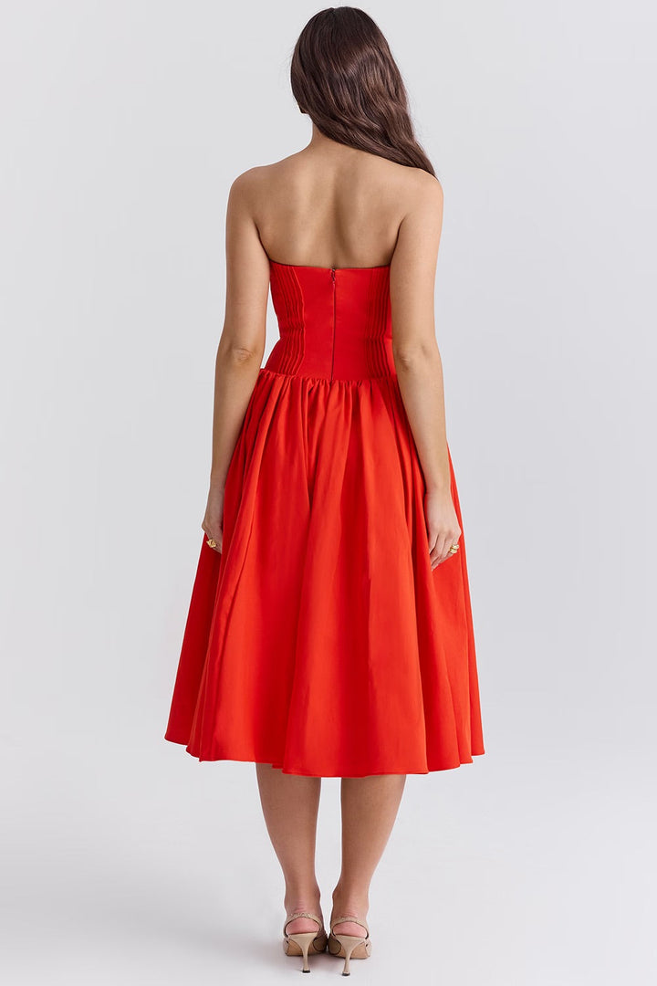 Robe midi sans bretelles pour femmes avec décolleté en cœur, plis et jupe évasée