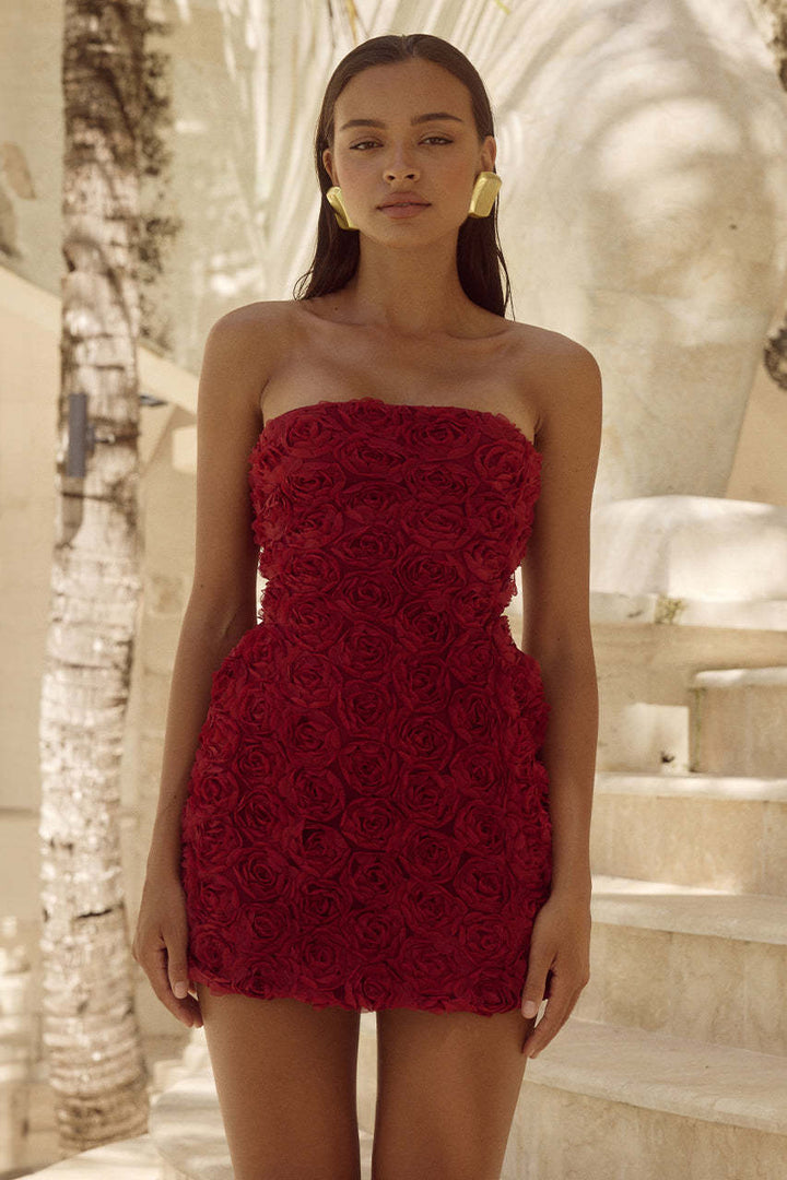 Robe mini sans bretelles pour femmes avec des appliqués en rosettes sur toute la robe