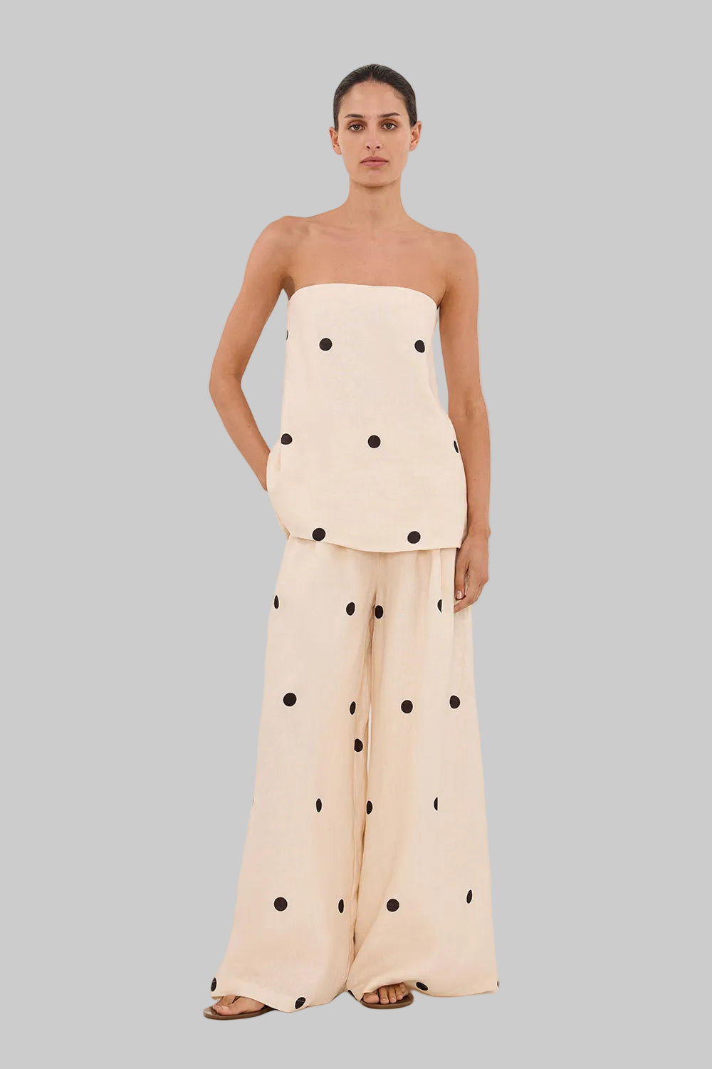 Ensemble sans bretelles pour femmes avec motif à pois, pantalon large et fermeture éclair au dos