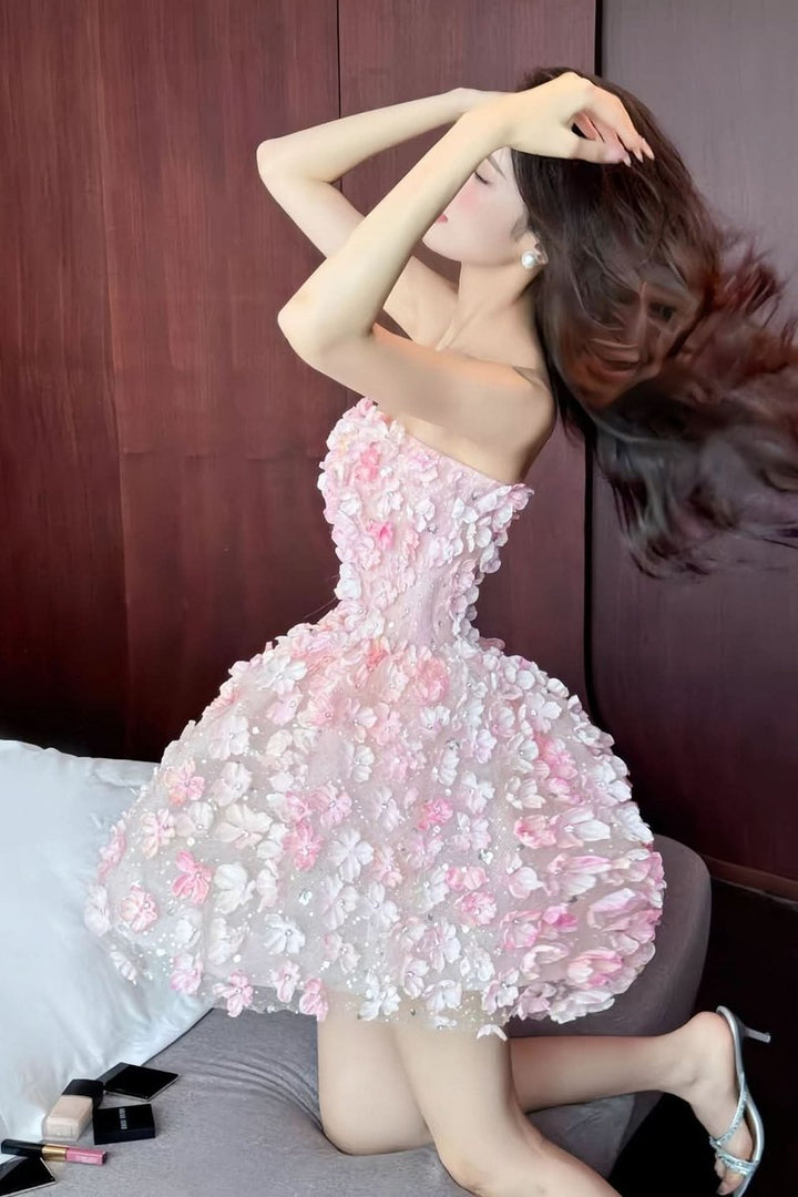 Frieda | Robe de cocktail sans bretelles 3D fleurs pour femmes, jupe ballon, robe de soirée