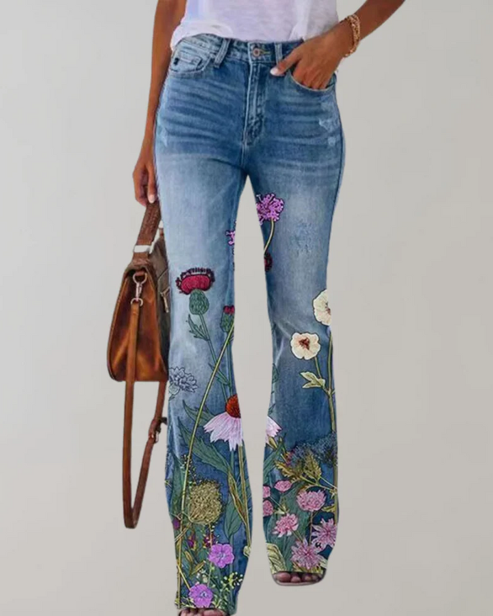 Jeans évasés vintage pour femmes avec motif floral | Été