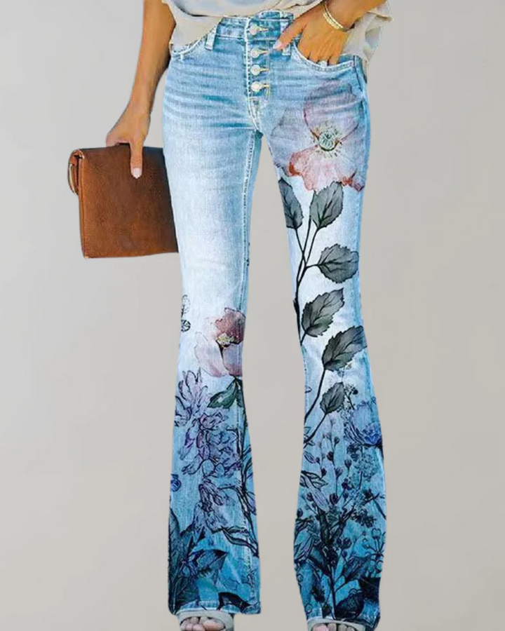 Jeans évasés vintage pour femmes avec motif floral | Été