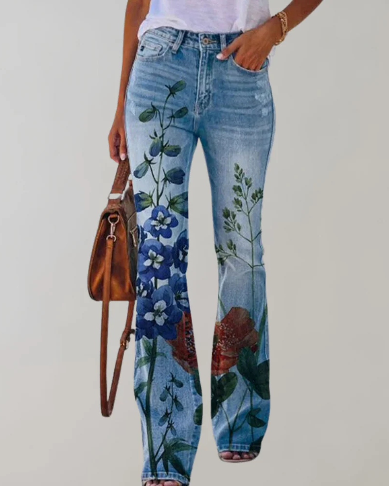 Jeans évasés vintage pour femmes avec motif floral | Été