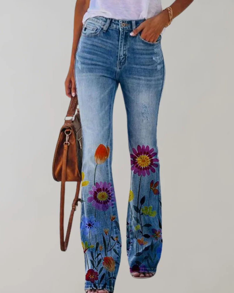 Jeans évasés vintage pour femmes avec motif floral | Été