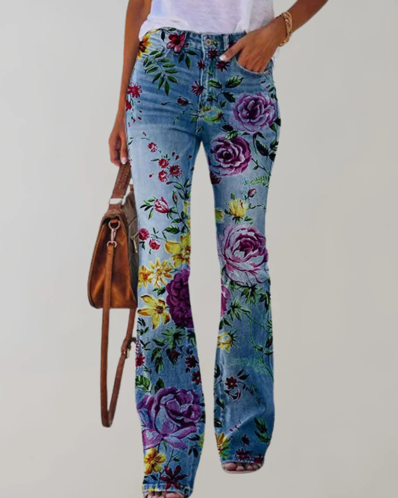 Jeans évasés vintage pour femmes avec motif floral | Été