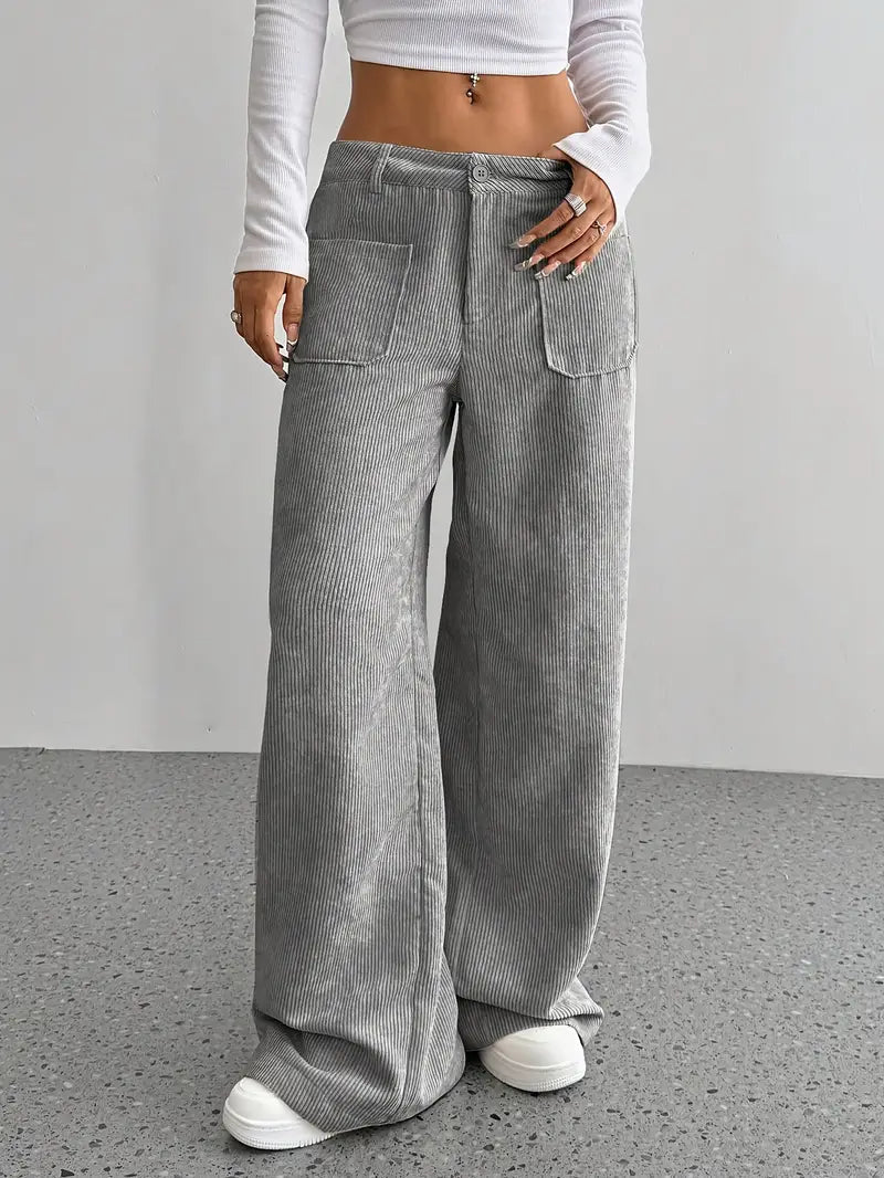 Pantalon large pour femmes avec taille haute, fermeture à bouton et poches plaquées