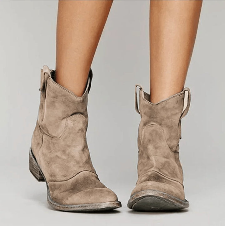 Charlotte | Bottines Western pour femmes en daim, bottes hautes à talon plat