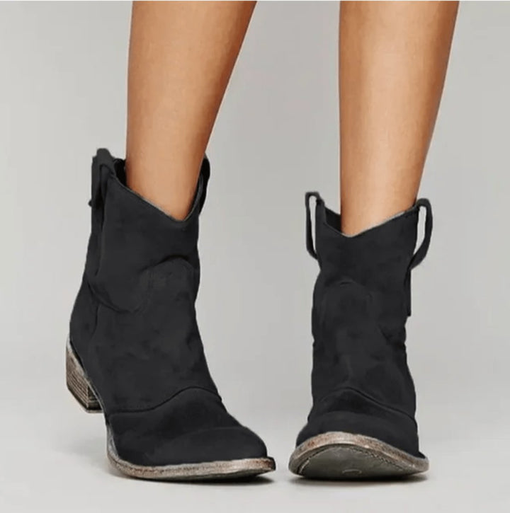 Charlotte | Bottines Western pour femmes en daim, bottes hautes à talon plat