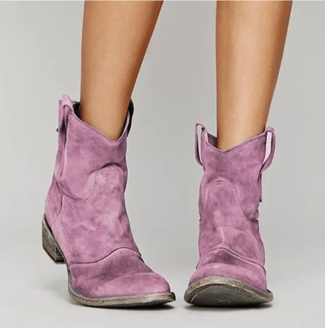 Charlotte | Bottines Western pour femmes en daim, bottes hautes à talon plat