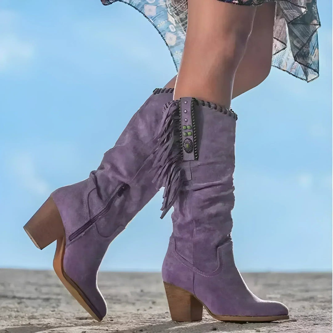 Frieda | Bottes en daim à franges pour femmes, hauteur genou, style western cowboy
