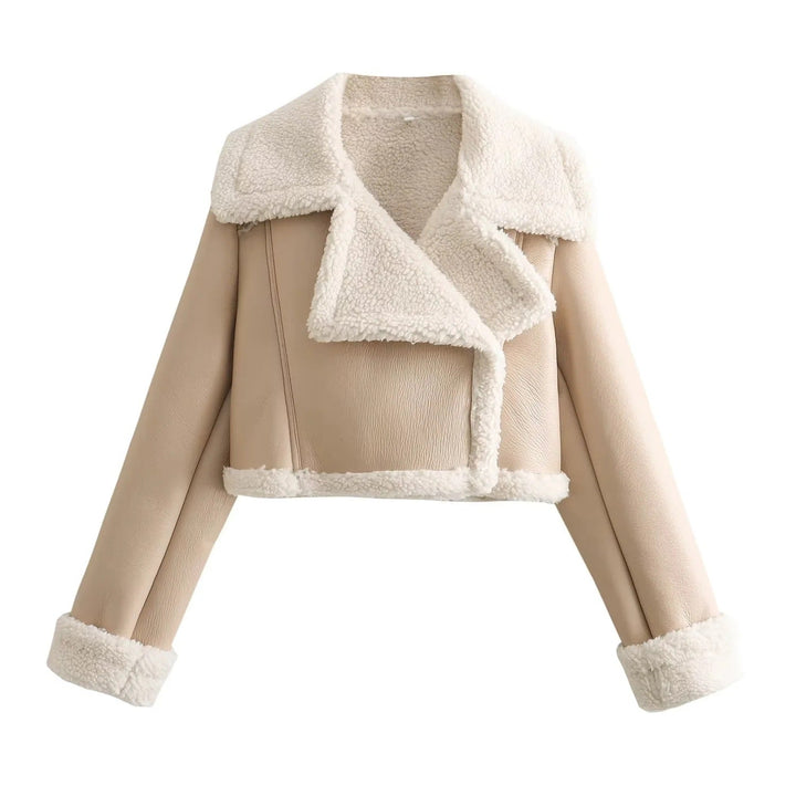 Veste d'hiver pour femmes avec fermeture éclair, col à revers et poignets en peluche
