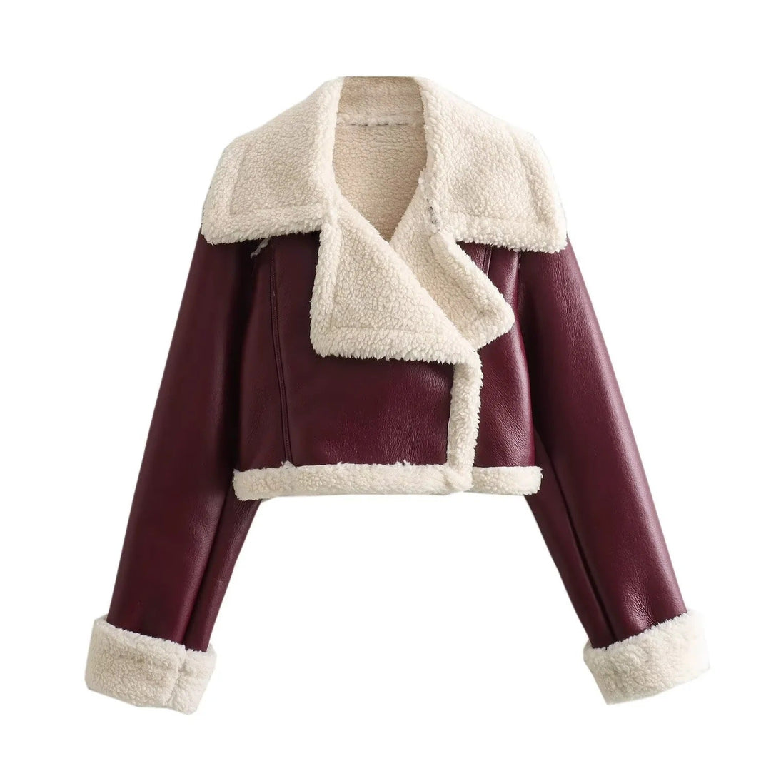 Veste d'hiver pour femmes avec fermeture éclair, col à revers et poignets en peluche