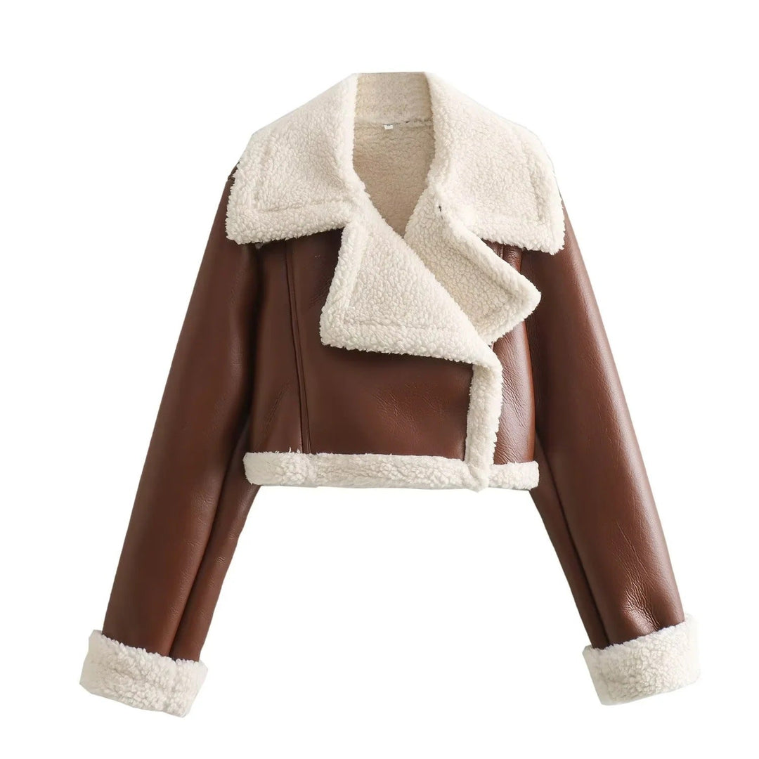 Veste d'hiver pour femmes avec fermeture éclair, col à revers et poignets en peluche
