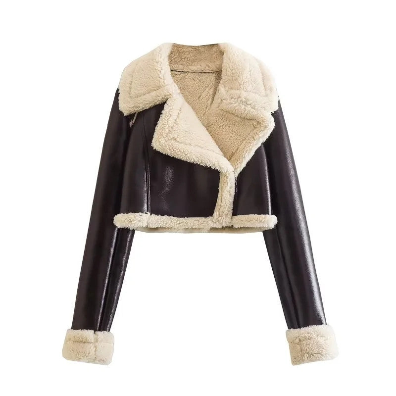 Veste d'hiver pour femmes avec fermeture éclair, col à revers et poignets en peluche